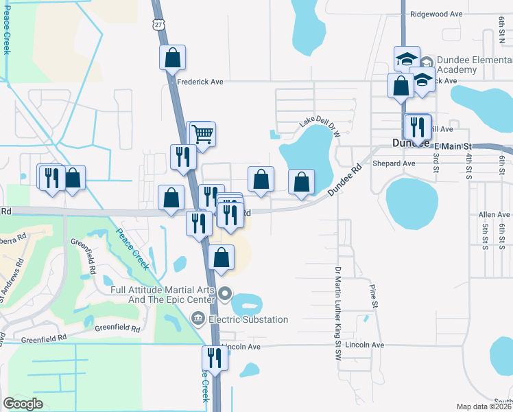 map of restaurants, bars, coffee shops, grocery stores, and more near 401-485 Dundee Road in Dundee