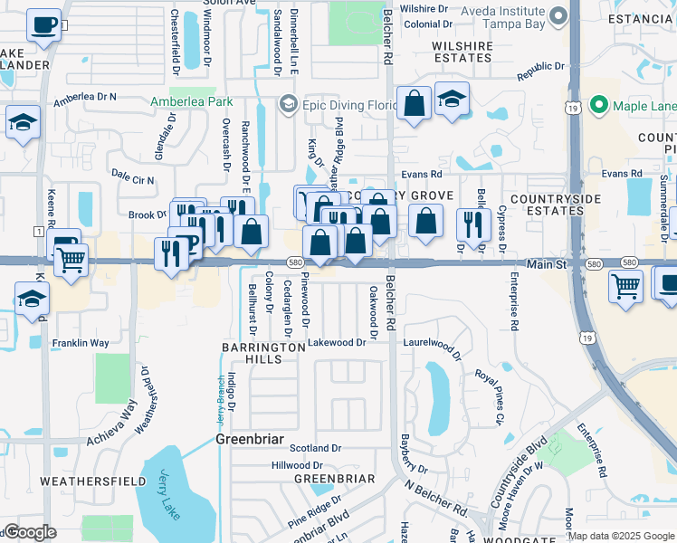 map of restaurants, bars, coffee shops, grocery stores, and more near 2293 Palmwood Drive in Dunedin