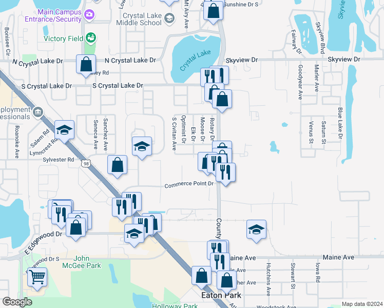map of restaurants, bars, coffee shops, grocery stores, and more near 2519 Civitan Avenue in Lakeland