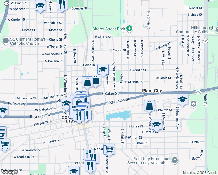 map of restaurants, bars, coffee shops, grocery stores, and more near 602 North Vermont Street in Plant City