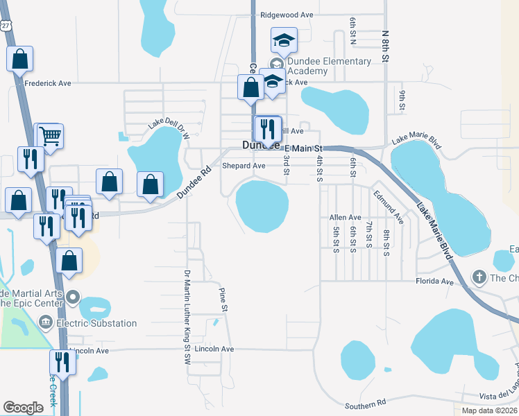 map of restaurants, bars, coffee shops, grocery stores, and more near 1 East Lake Menzie Boulevard in Dundee