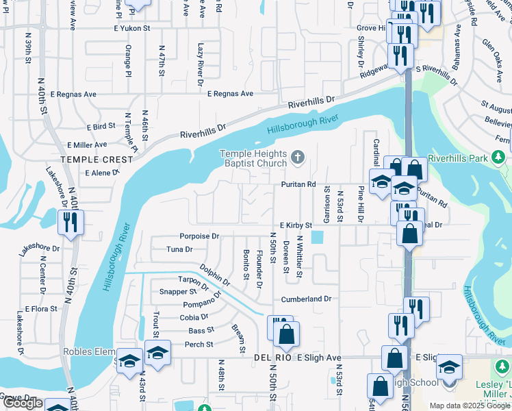 map of restaurants, bars, coffee shops, grocery stores, and more near 7206 North 50th Street in Tampa