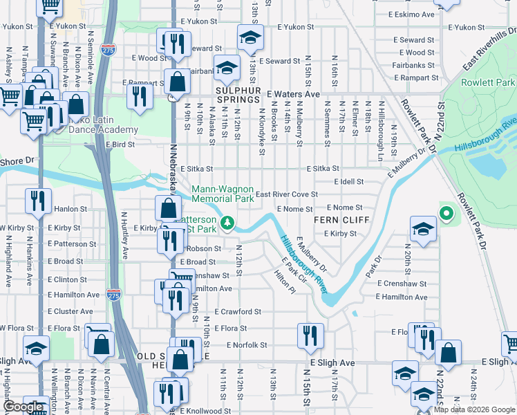 map of restaurants, bars, coffee shops, grocery stores, and more near 1303 East Nome Street in Tampa