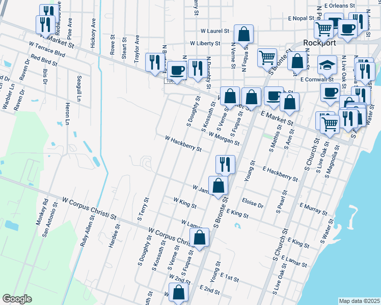 map of restaurants, bars, coffee shops, grocery stores, and more near 422 South Kossuth Street in Rockport