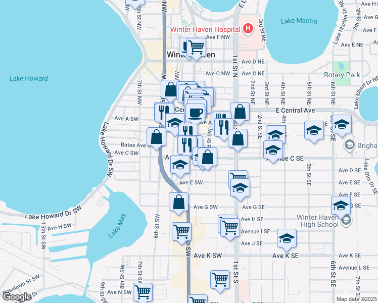 map of restaurants, bars, coffee shops, grocery stores, and more near 300 3rd Street Southwest in Winter Haven