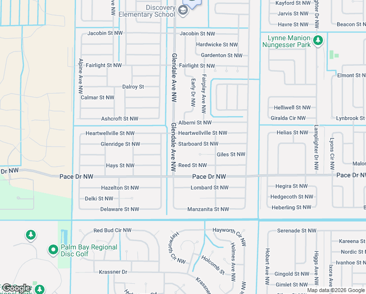 map of restaurants, bars, coffee shops, grocery stores, and more near 1583 Reed Street Northwest in Palm Bay