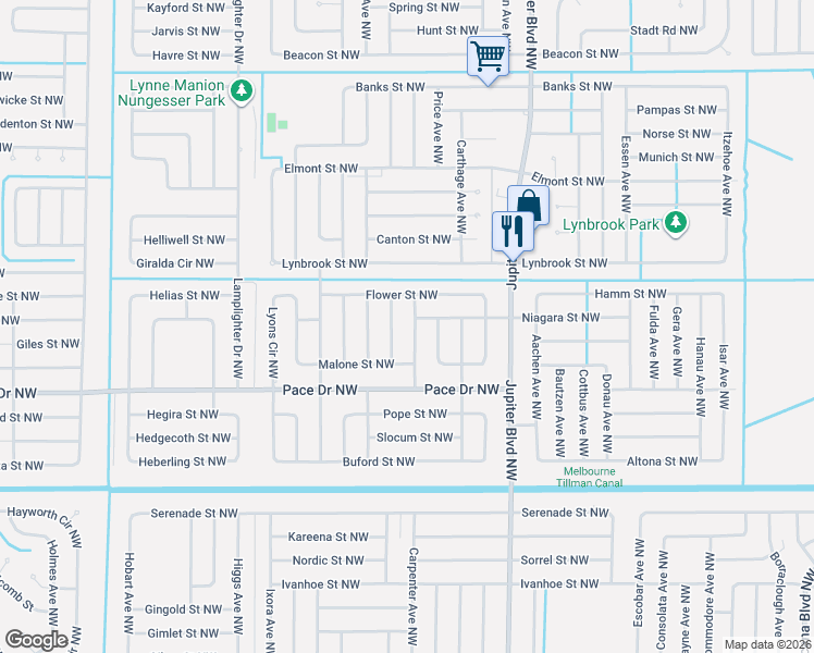 map of restaurants, bars, coffee shops, grocery stores, and more near 820 Hawaii Avenue Northwest in Palm Bay