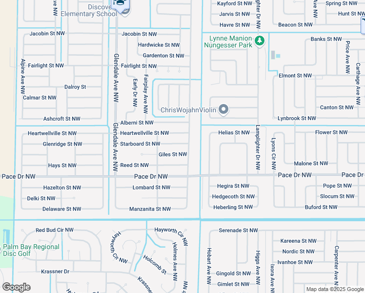map of restaurants, bars, coffee shops, grocery stores, and more near 1416 Starboard Street Northwest in Palm Bay