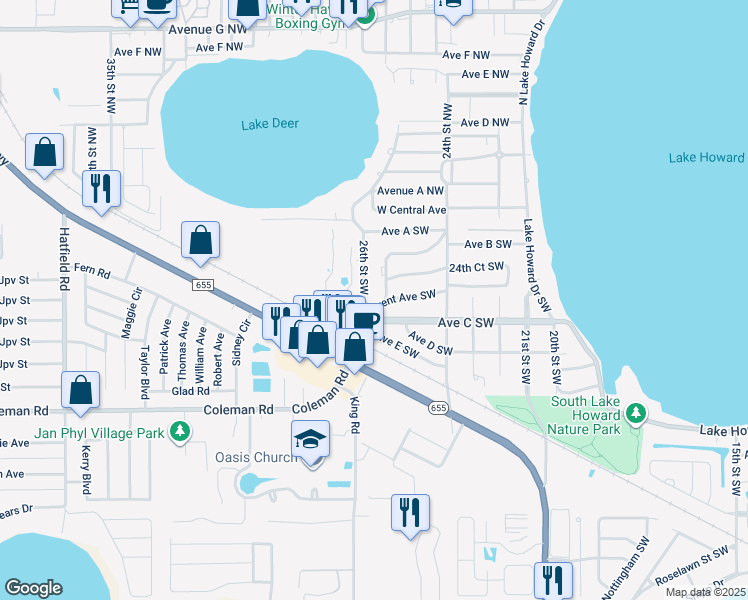 map of restaurants, bars, coffee shops, grocery stores, and more near 2455 Brent Avenue Southwest in Winter Haven