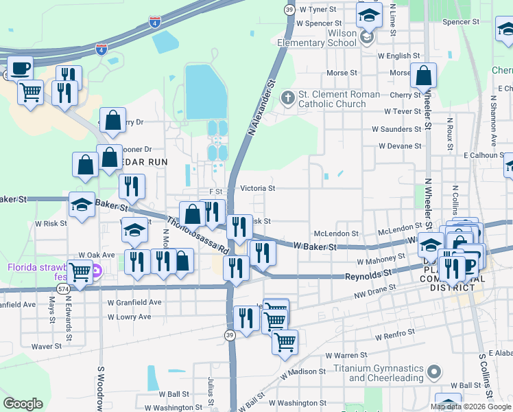 map of restaurants, bars, coffee shops, grocery stores, and more near 603 North Dort Street in Plant City