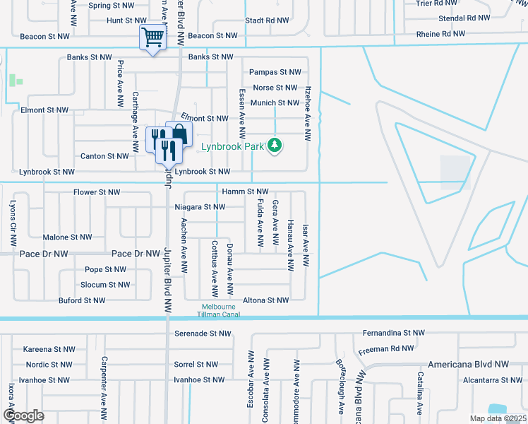 map of restaurants, bars, coffee shops, grocery stores, and more near 869 Fulda Avenue Northwest in Palm Bay