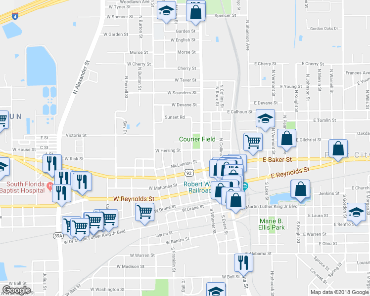 map of restaurants, bars, coffee shops, grocery stores, and more near 408 West Herring Street in Plant City