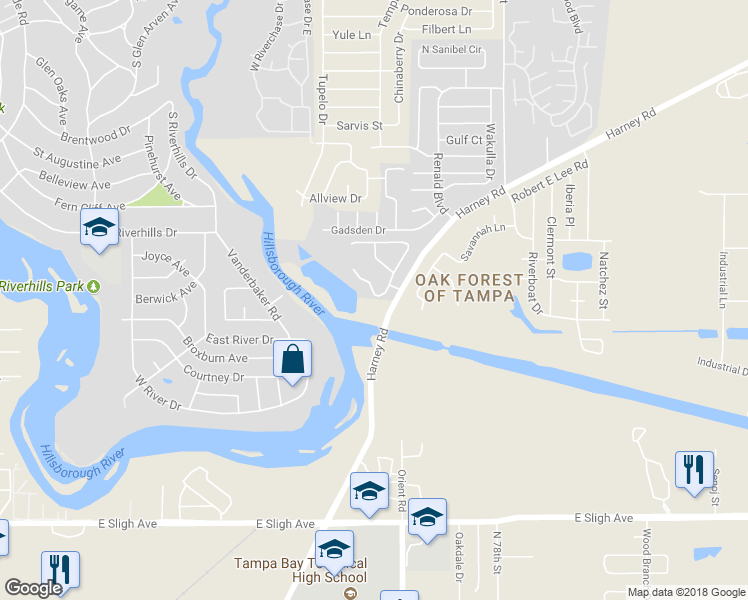 map of restaurants, bars, coffee shops, grocery stores, and more near 7467 Terrace River Drive in Tampa