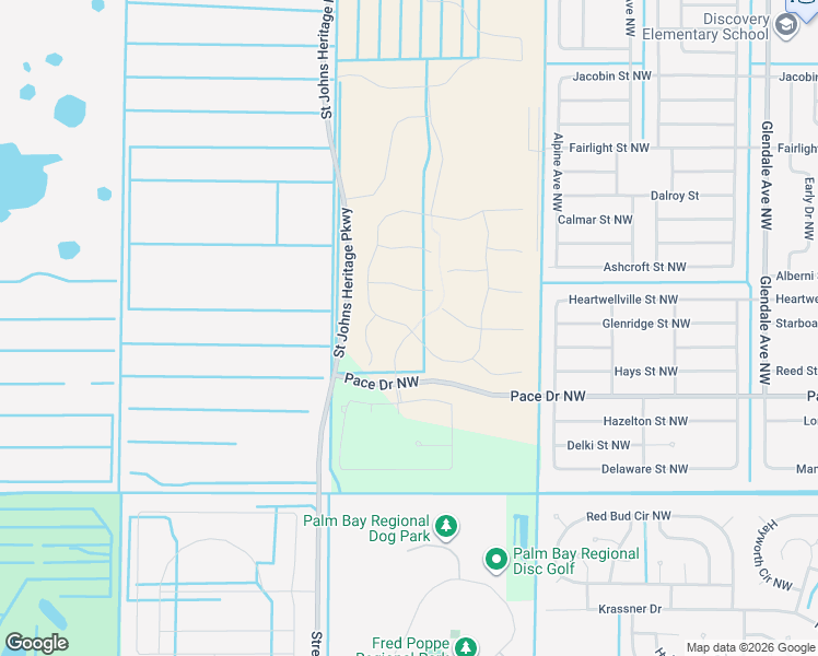 map of restaurants, bars, coffee shops, grocery stores, and more near Pace Drive Northwest in Palm Bay