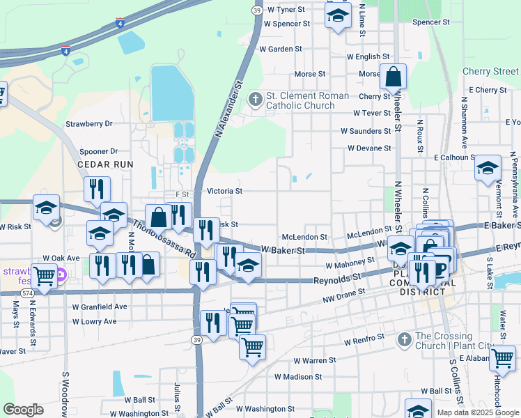 map of restaurants, bars, coffee shops, grocery stores, and more near 1104 West Risk Street in Plant City