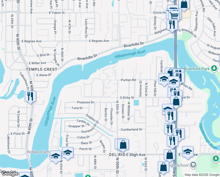 map of restaurants, bars, coffee shops, grocery stores, and more near 7206 North 50th Street in Tampa