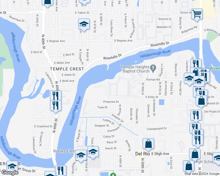 map of restaurants, bars, coffee shops, grocery stores, and more near 4947 Puritan Circle in Tampa
