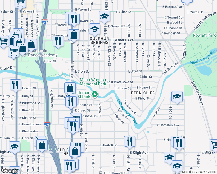 map of restaurants, bars, coffee shops, grocery stores, and more near 1303 East Nome Street in Tampa