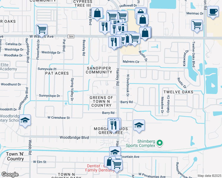 map of restaurants, bars, coffee shops, grocery stores, and more near 7519 Palmera Pointe Circle in Tampa