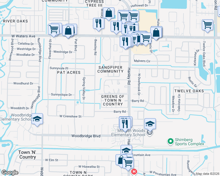 map of restaurants, bars, coffee shops, grocery stores, and more near 7417 Palmera Pointe Circle in Tampa