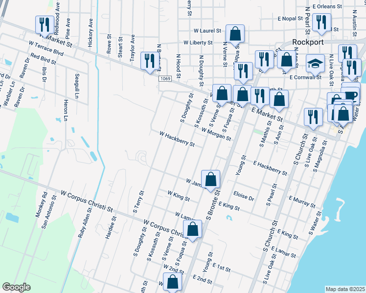 map of restaurants, bars, coffee shops, grocery stores, and more near 422 South Kossuth Street in Rockport