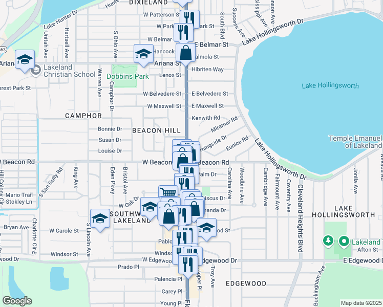 map of restaurants, bars, coffee shops, grocery stores, and more near in Lakeland
