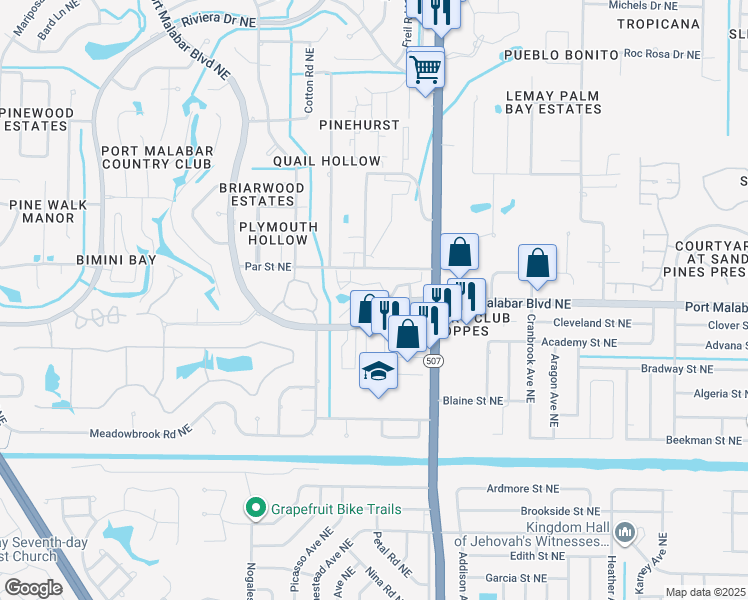 map of restaurants, bars, coffee shops, grocery stores, and more near 1635 Avery Road Northeast in Palm Bay