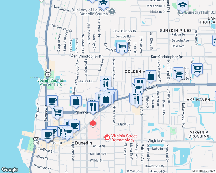 map of restaurants, bars, coffee shops, grocery stores, and more near Grove Street in Dunedin