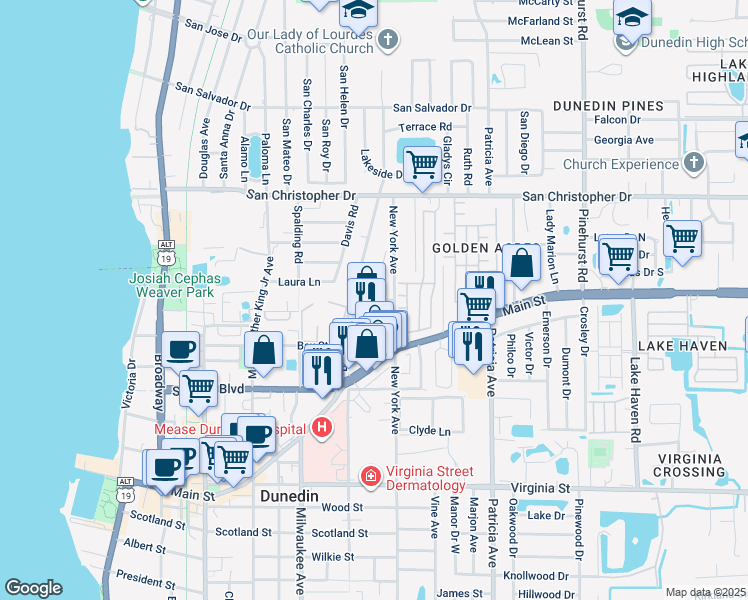 map of restaurants, bars, coffee shops, grocery stores, and more near Grove Street in Dunedin