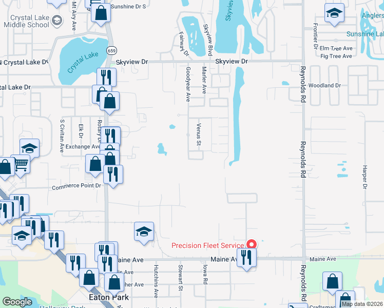 map of restaurants, bars, coffee shops, grocery stores, and more near 2925 Galaxy Lane in Lakeland