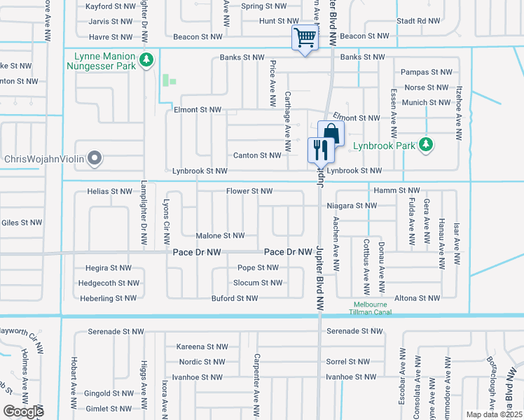 map of restaurants, bars, coffee shops, grocery stores, and more near 854 Roger Avenue Northwest in Palm Bay