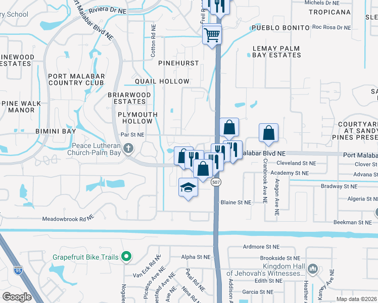 map of restaurants, bars, coffee shops, grocery stores, and more near 1607 Avery Road Northeast in Palm Bay