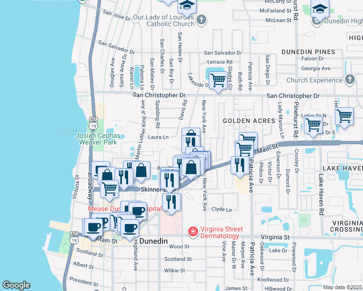 map of restaurants, bars, coffee shops, grocery stores, and more near 1137 Bass Boulevard in Dunedin