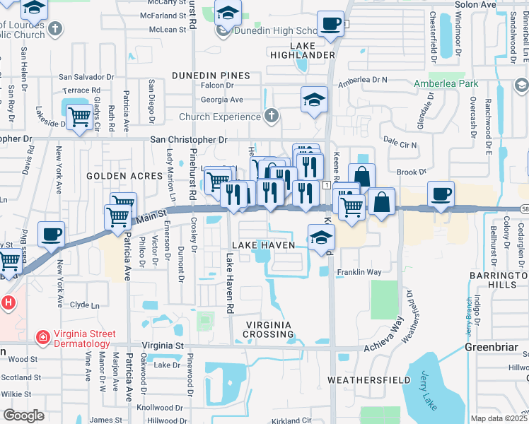 map of restaurants, bars, coffee shops, grocery stores, and more near 1415 Main Street in Dunedin