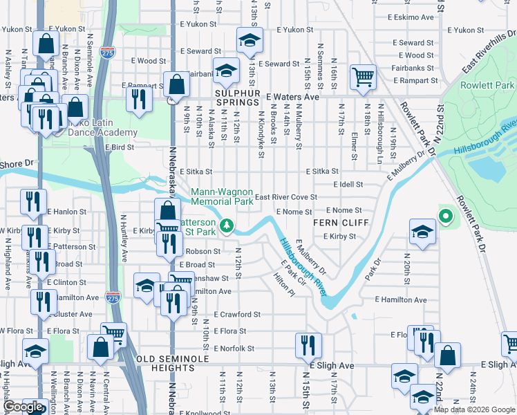 map of restaurants, bars, coffee shops, grocery stores, and more near 1303 East Nome Street in Tampa