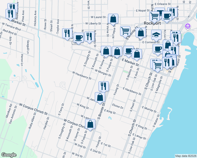 map of restaurants, bars, coffee shops, grocery stores, and more near 305 South Verne Street in Rockport