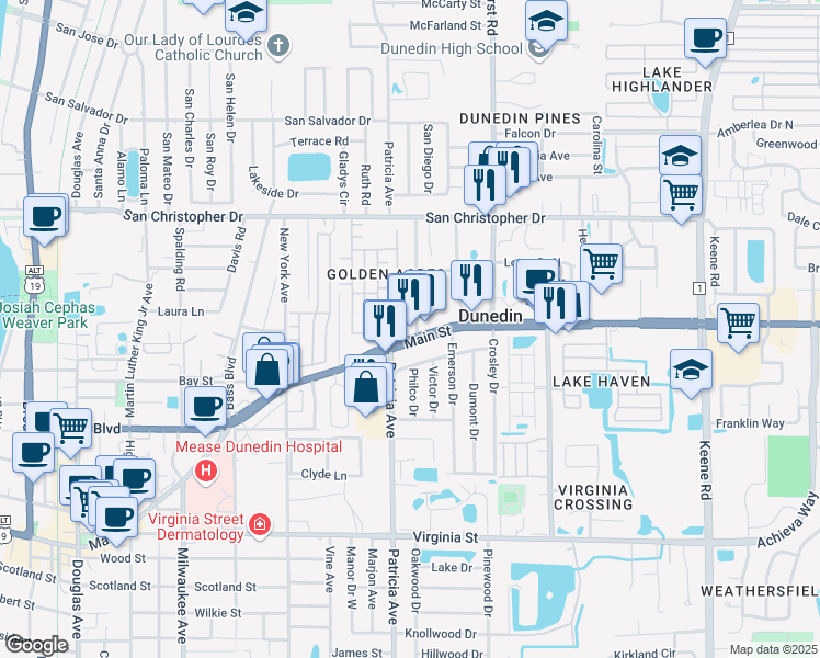 map of restaurants, bars, coffee shops, grocery stores, and more near 1229 Little John Lane in Dunedin