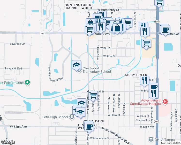 map of restaurants, bars, coffee shops, grocery stores, and more near 7829 North Manhattan Avenue in Tampa