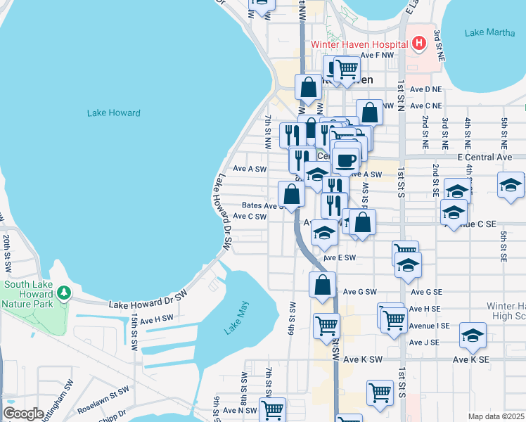 map of restaurants, bars, coffee shops, grocery stores, and more near 5 7th Street Southwest in Winter Haven