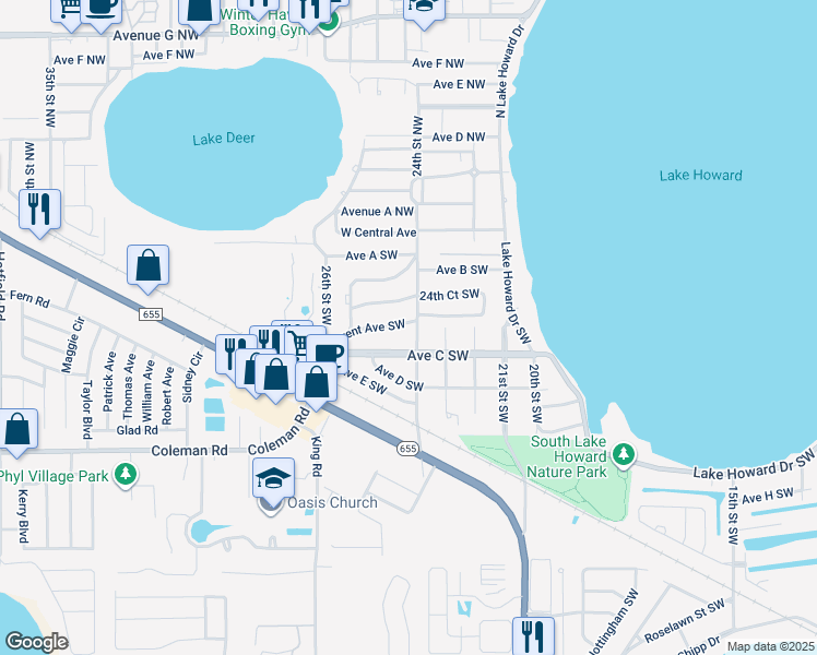 map of restaurants, bars, coffee shops, grocery stores, and more near 2420 Bates Avenue Southwest in Winter Haven