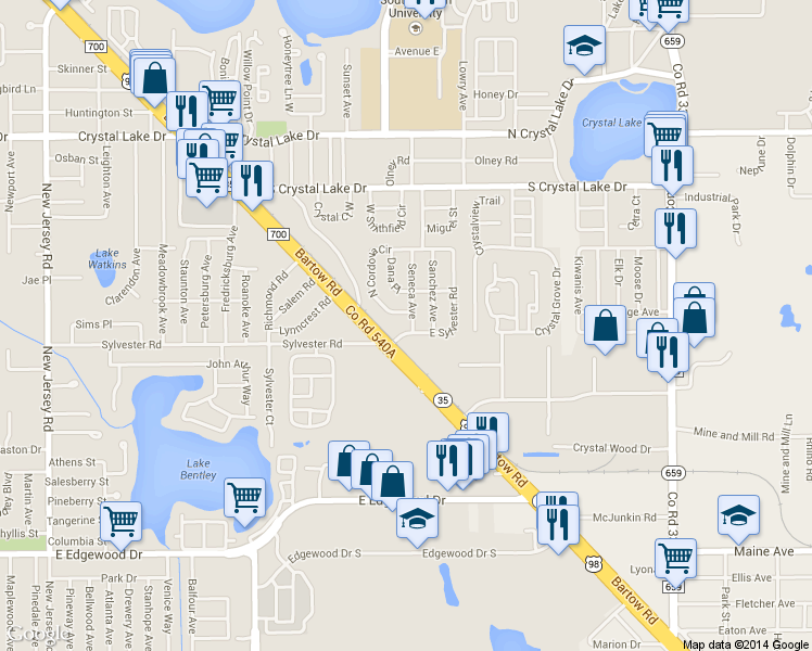 map of restaurants, bars, coffee shops, grocery stores, and more near 1814 Seneca Avenue in Lakeland