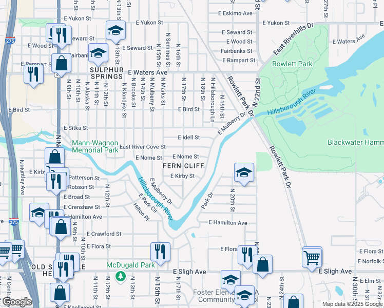map of restaurants, bars, coffee shops, grocery stores, and more near 1710 East River Cove Street in Tampa