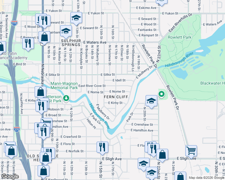 map of restaurants, bars, coffee shops, grocery stores, and more near 1614 East River Cove Street in Tampa