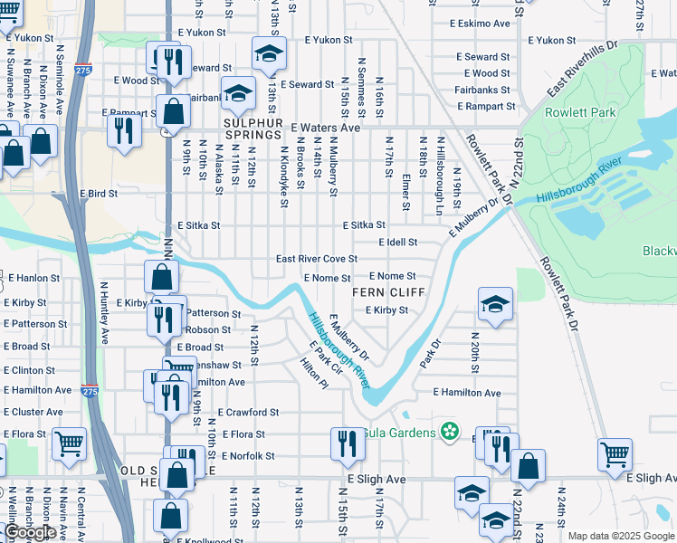 map of restaurants, bars, coffee shops, grocery stores, and more near 1504 East River Cove Street in Tampa