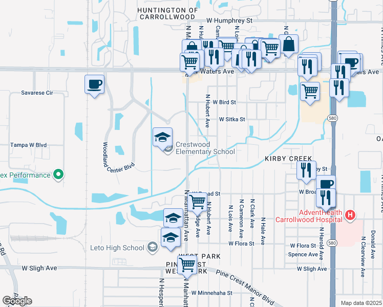 map of restaurants, bars, coffee shops, grocery stores, and more near 7829 North Manhattan Avenue in Tampa