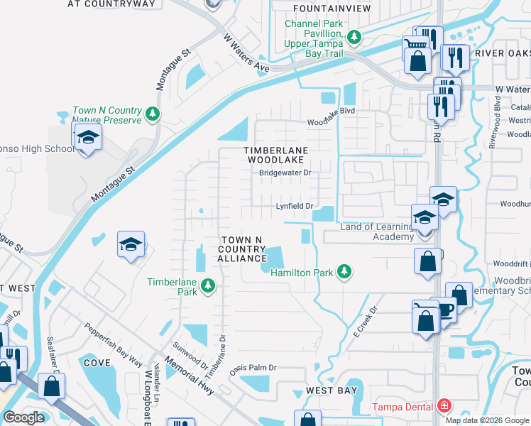 map of restaurants, bars, coffee shops, grocery stores, and more near 9608 Kingsburgh Court in Tampa
