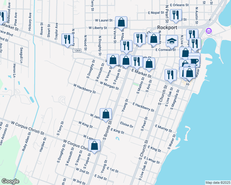 map of restaurants, bars, coffee shops, grocery stores, and more near 228 South Fuqua Street in Rockport