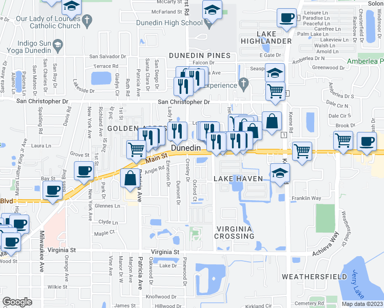 map of restaurants, bars, coffee shops, grocery stores, and more near  in Dunedin