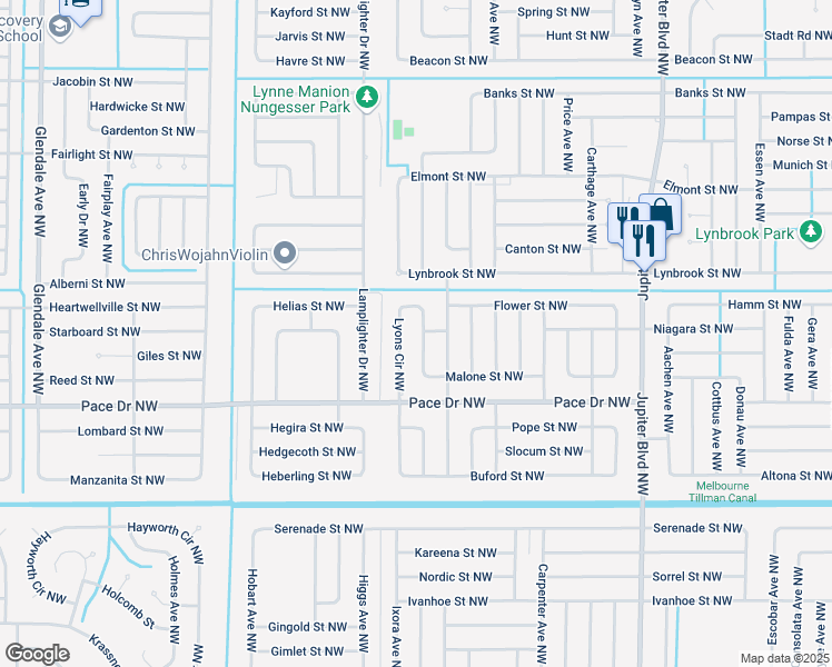 map of restaurants, bars, coffee shops, grocery stores, and more near 870 Lyons Circle Northwest in Palm Bay
