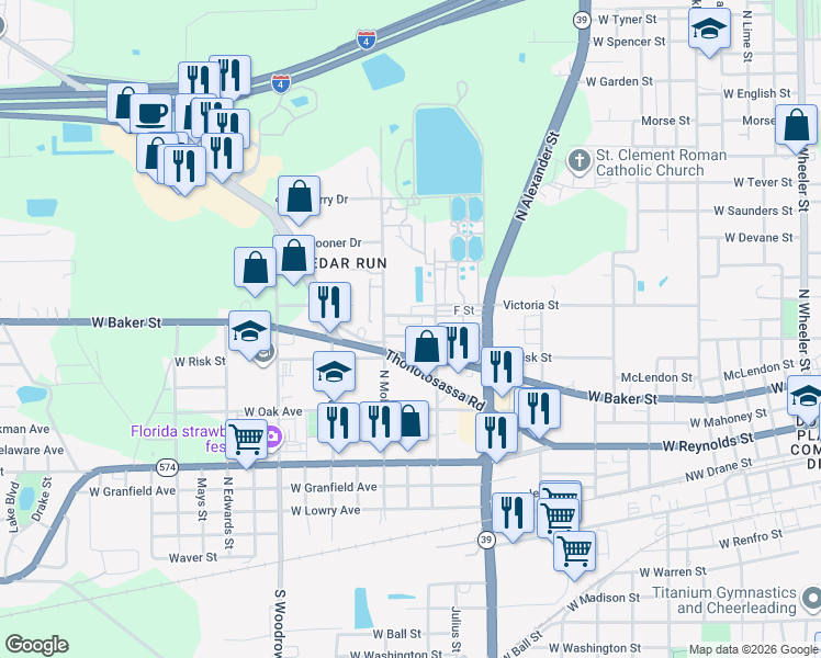 map of restaurants, bars, coffee shops, grocery stores, and more near 1804 West Charlotte Street in Plant City